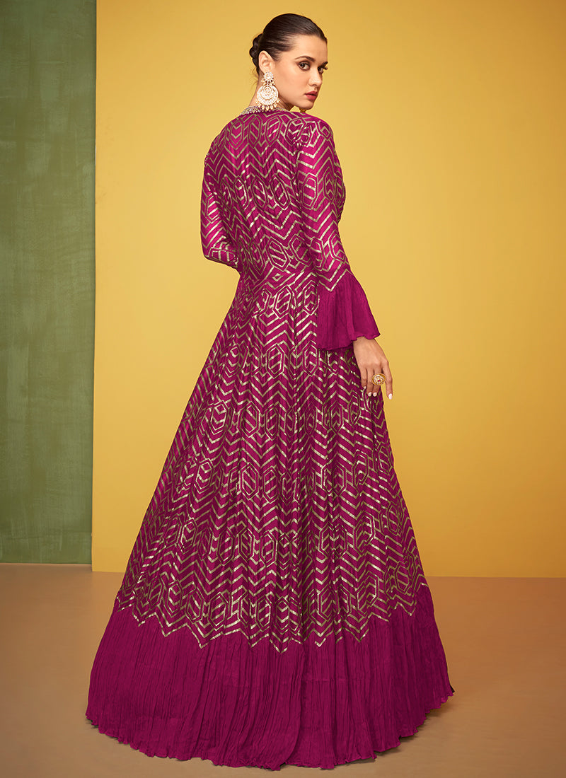 Hot Pink Embroidery Jacket Style Anarkali Gown