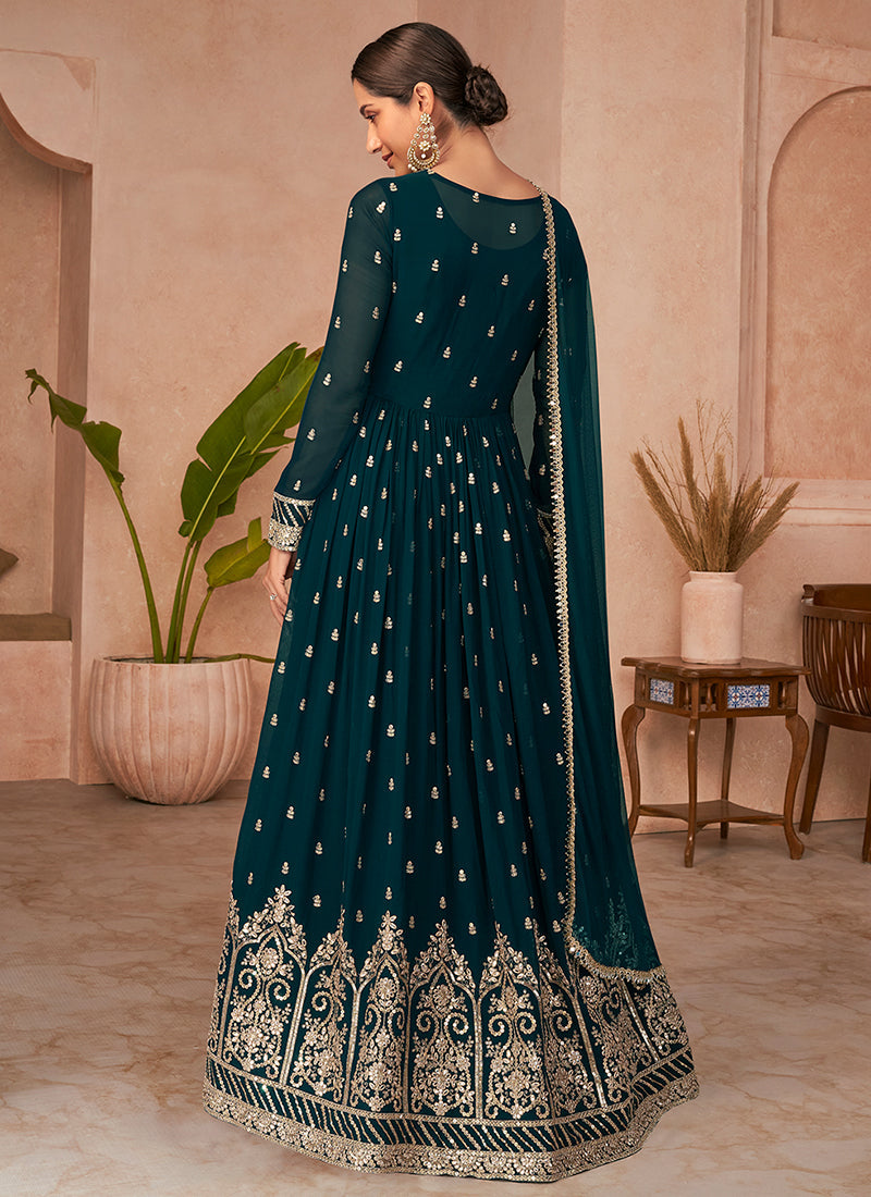 Turquoise Mirror Work Embroidery Anarkali Gown With Jacket