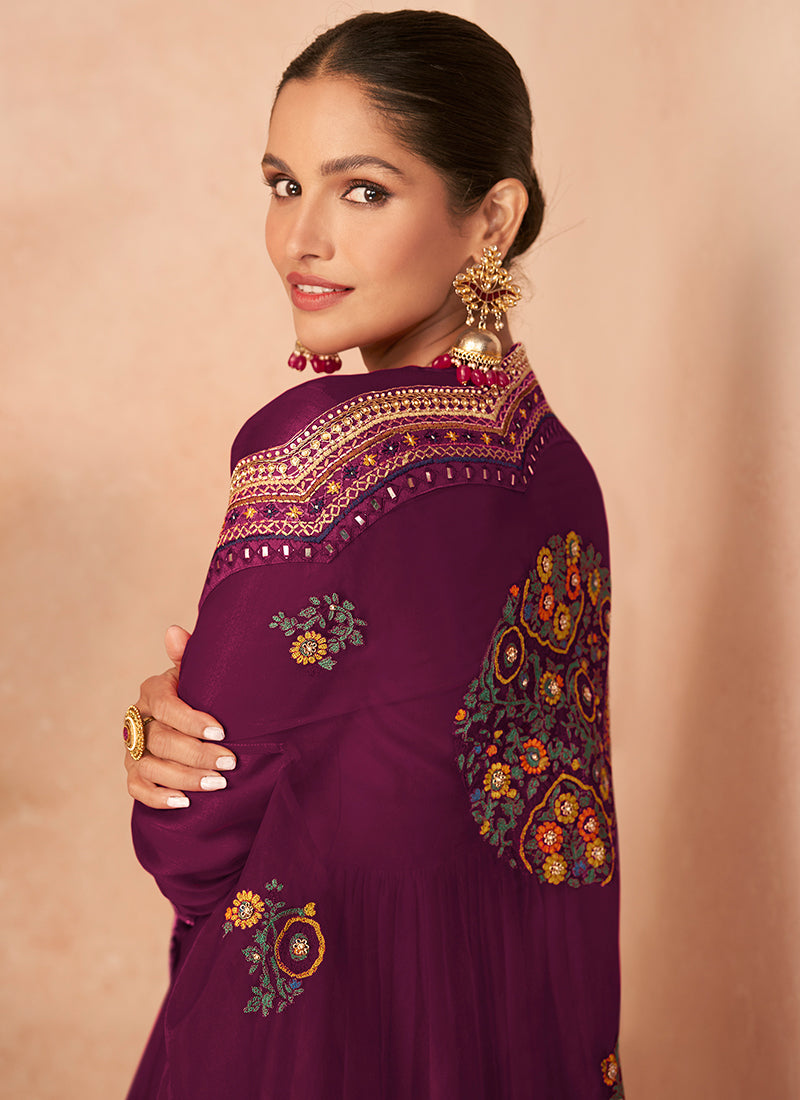 Deep Purple Multi Embroidery Traditional Gharara Style Suit