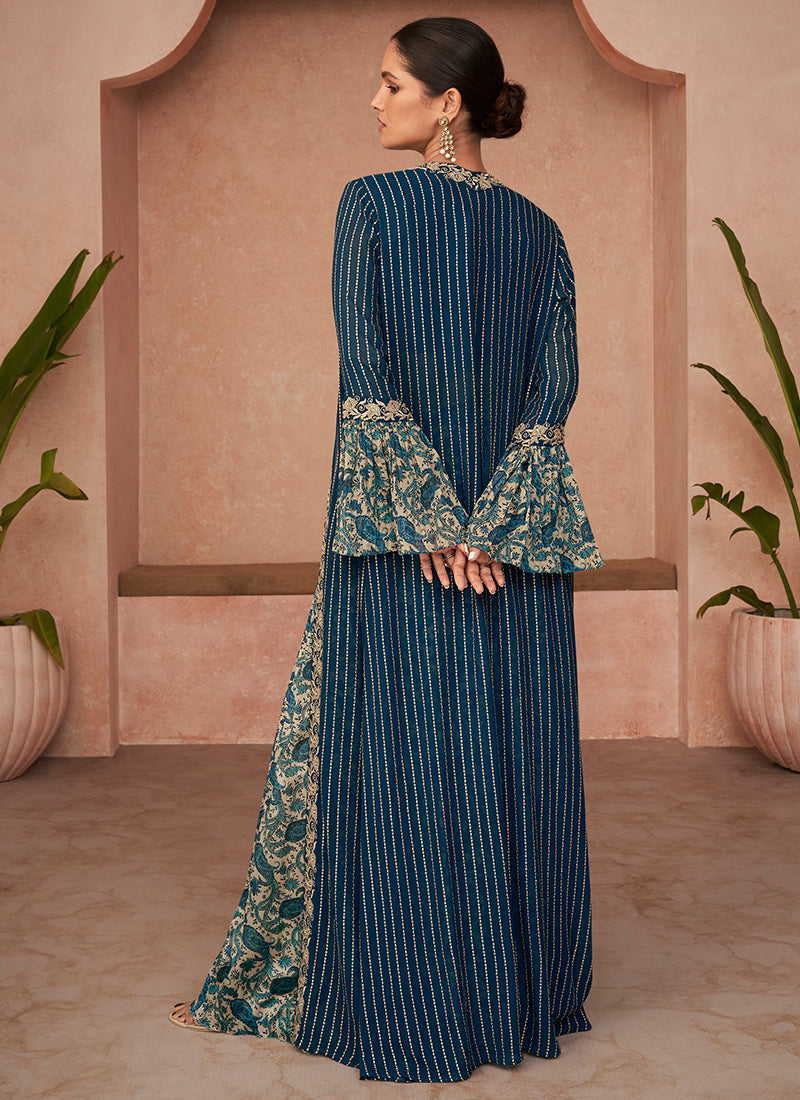 Blue Sequence Embroidery Jacket Style Palazzo Set