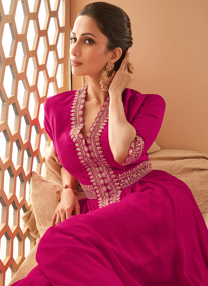 Hot Pink Embroidery Slit Style Anarkali Pant Suit