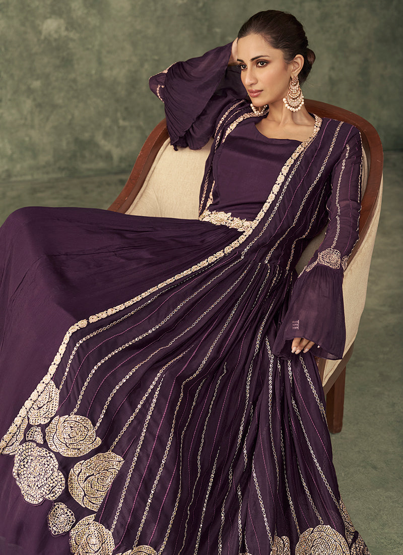 Purple Sequence Embroidery Jacket Style Anarkali Gown