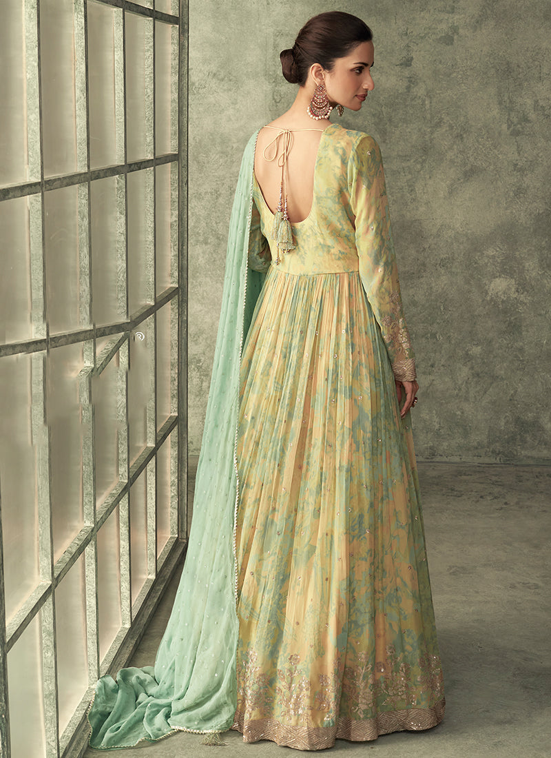 Yellow Sequence Embroidery Floral Anarkali Gown