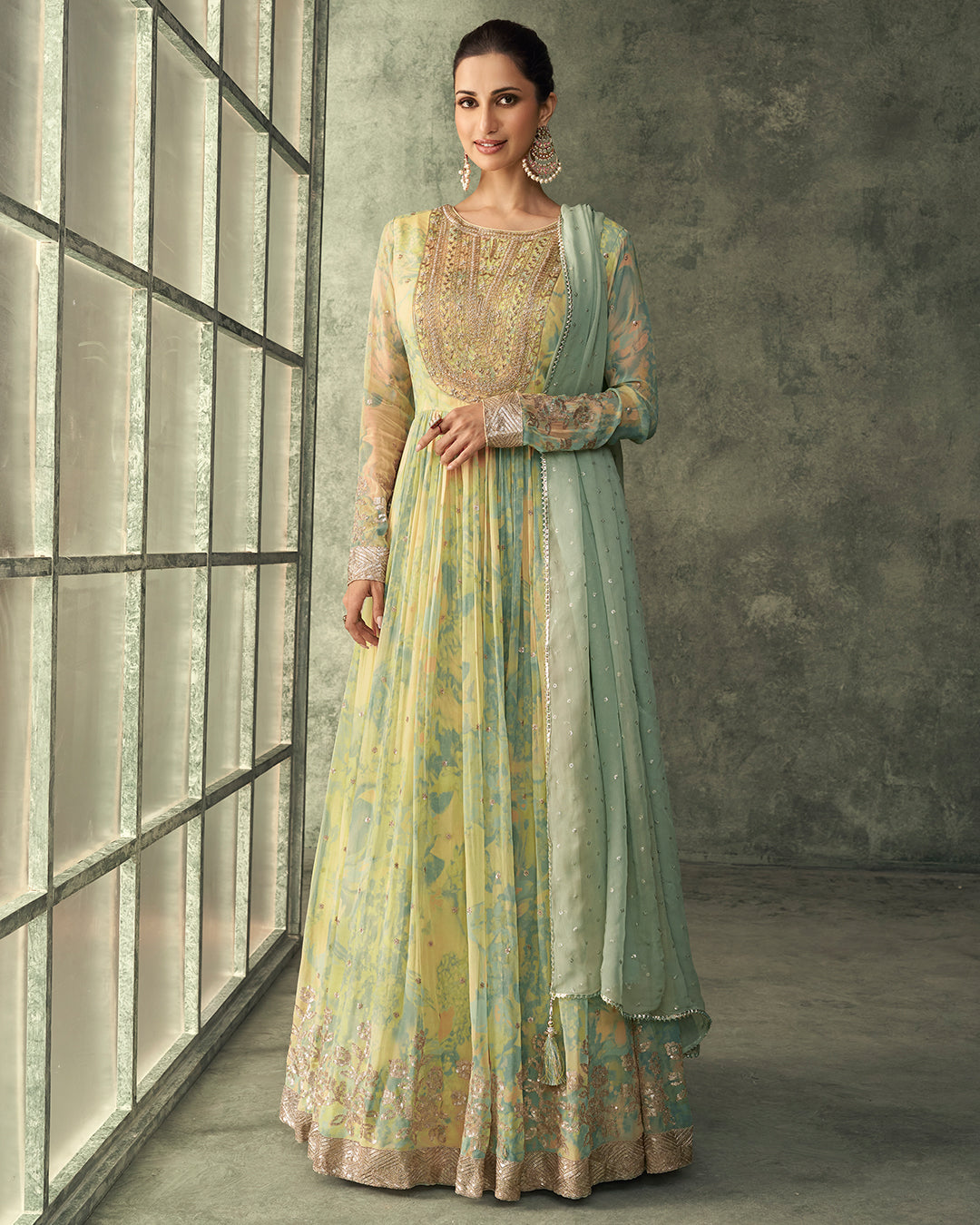 Yellow Sequence Embroidery Floral Anarkali Gown