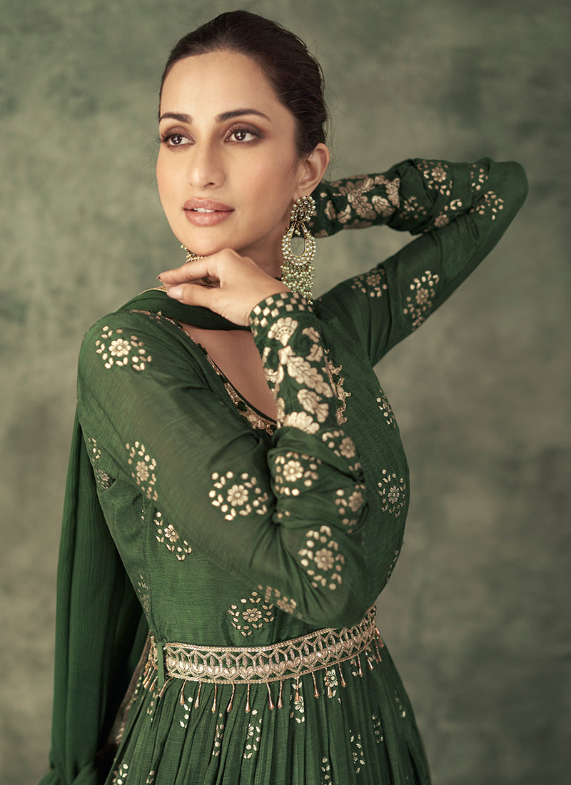 Green Sequence Embroidery Wedding Anarkali Pant Suit