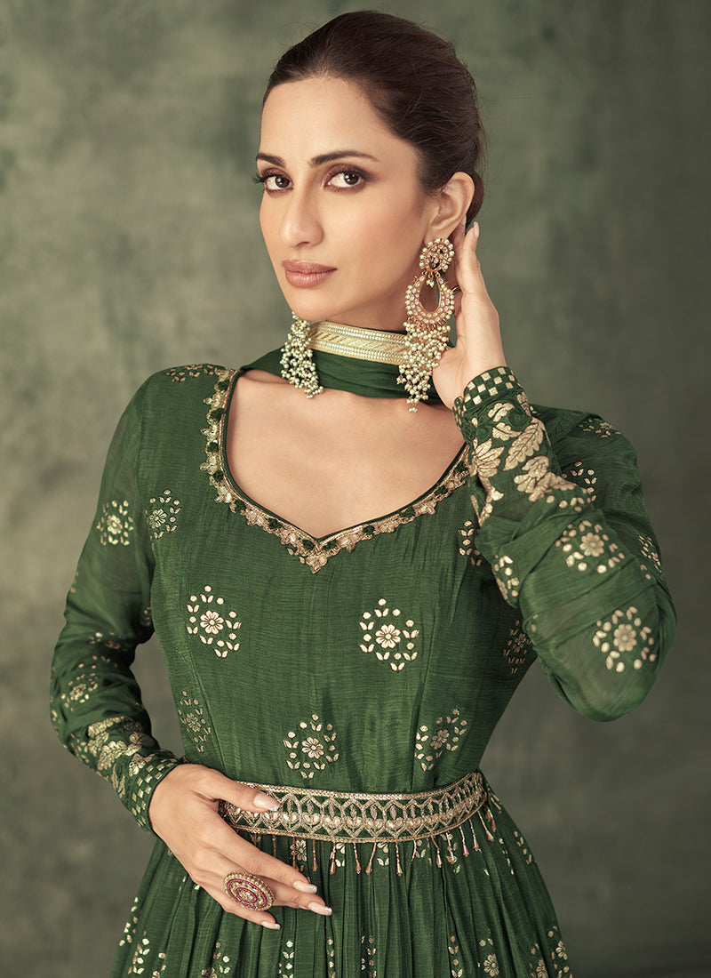 Green Sequence Embroidery Wedding Anarkali Pant Suit