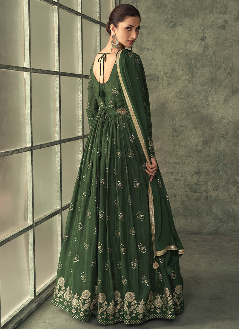 Green Sequence Embroidery Wedding Anarkali Pant Suit