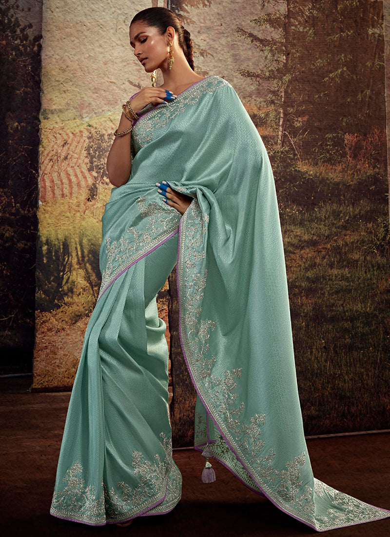 Teal And Pink Embroidered Organza Silk Saree