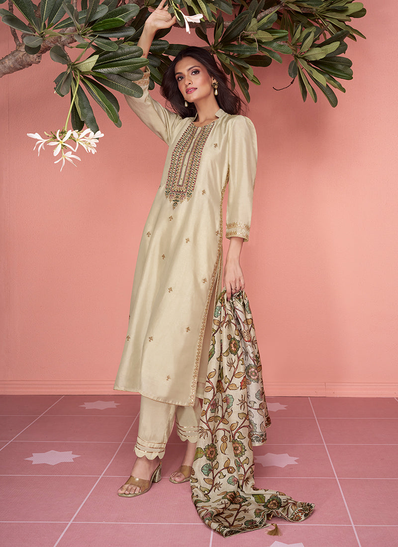 Golden Beige Floral Embroidery Pakistani Pant Style Suit