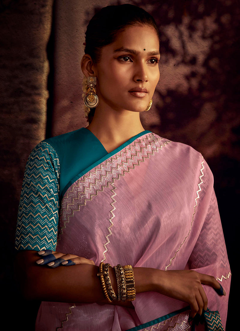 Pink And Blue Embroidered Organza Silk Saree