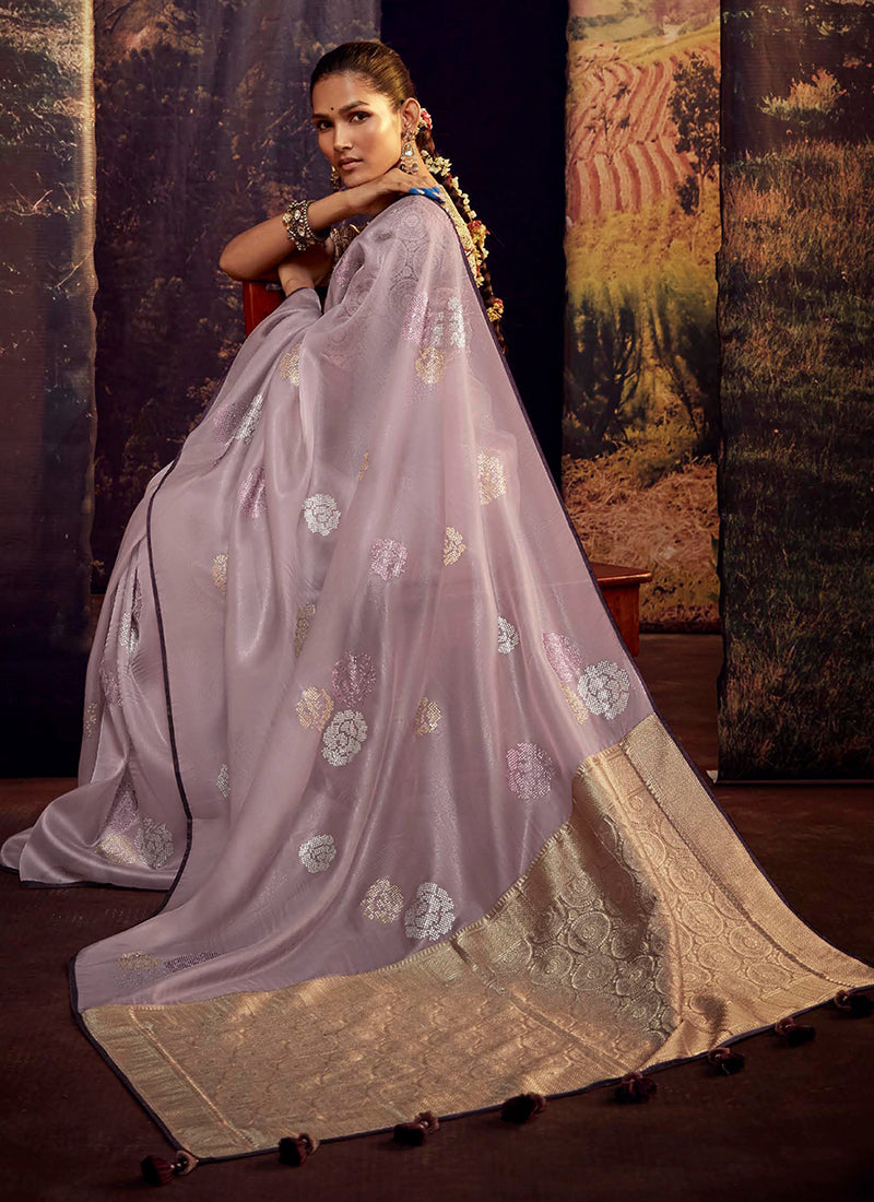 Lavender Beige Embroidered Organza Silk Saree