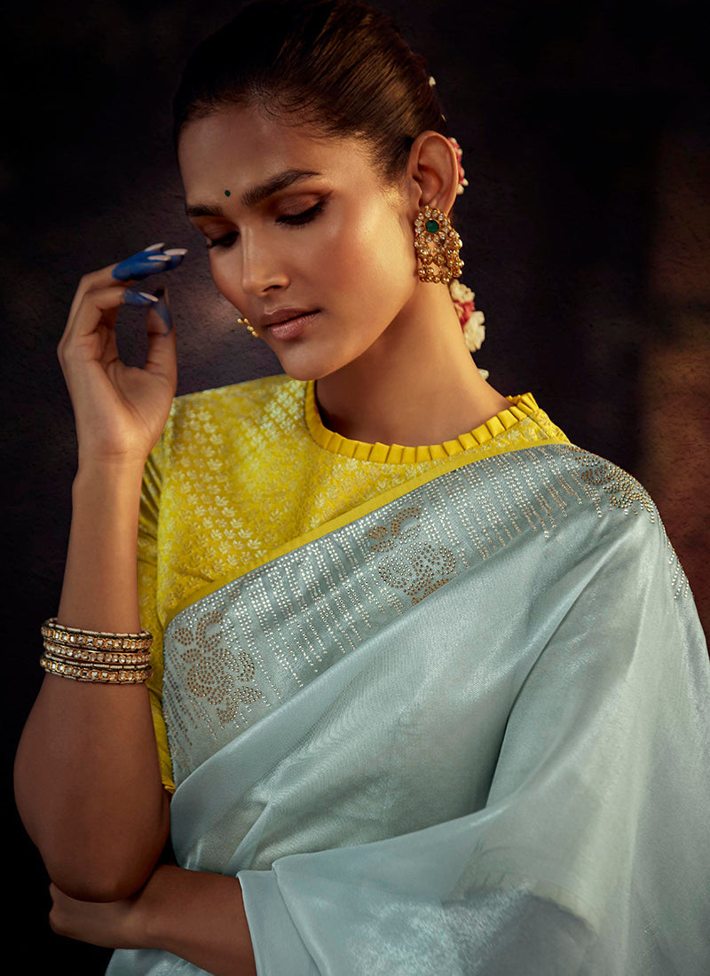 Sky Blue And Yellow Embroidered Organza Silk Saree