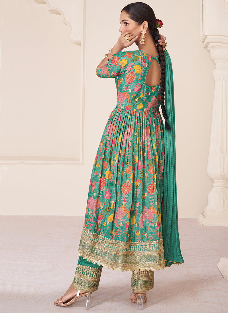 Green Organza Silk Embroidery Floral Anarkali Pant Suit