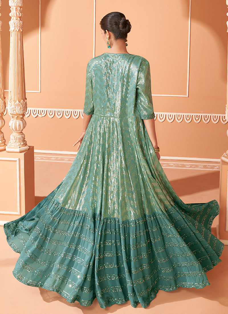 Teal Blue Sequence Embroidered Lehenga Choli With Jacket