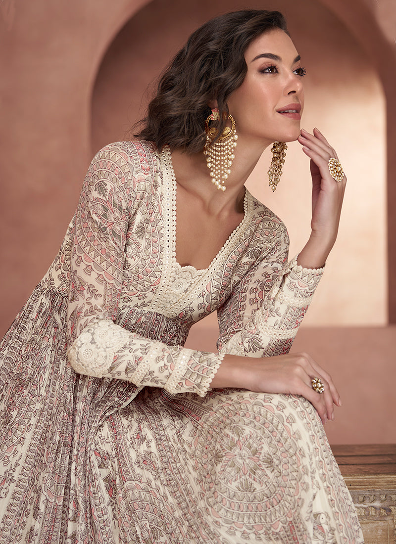 Beige Crochet Embroidery Flared Anarkali Suit