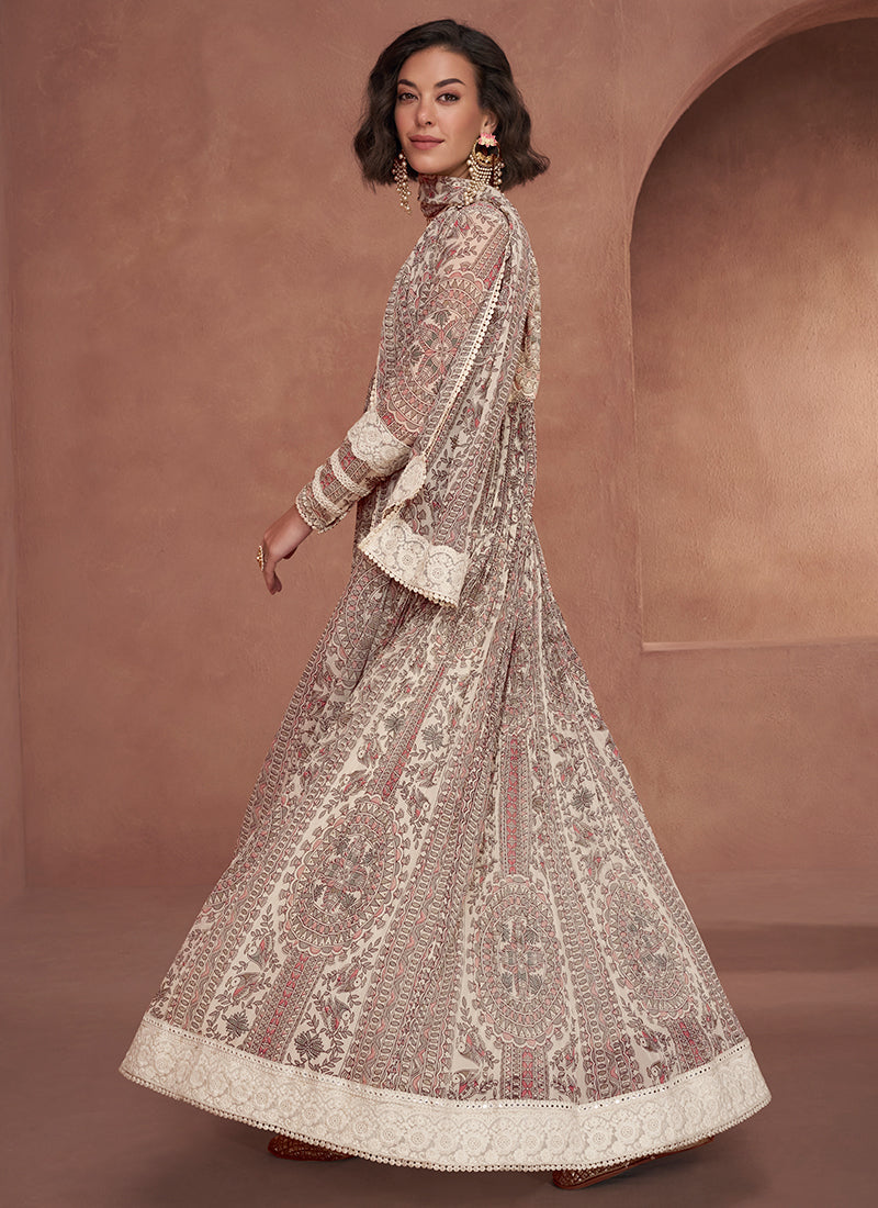 Beige Crochet Embroidery Flared Anarkali Suit