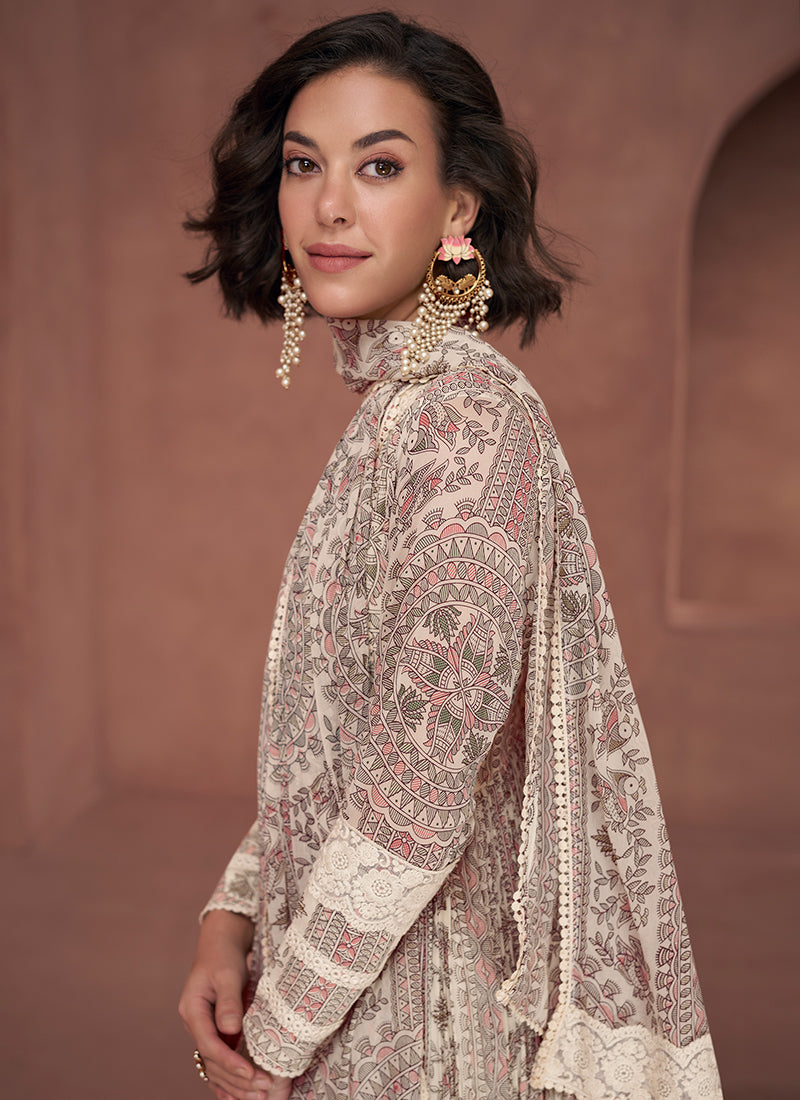 Beige Crochet Embroidery Flared Anarkali Suit