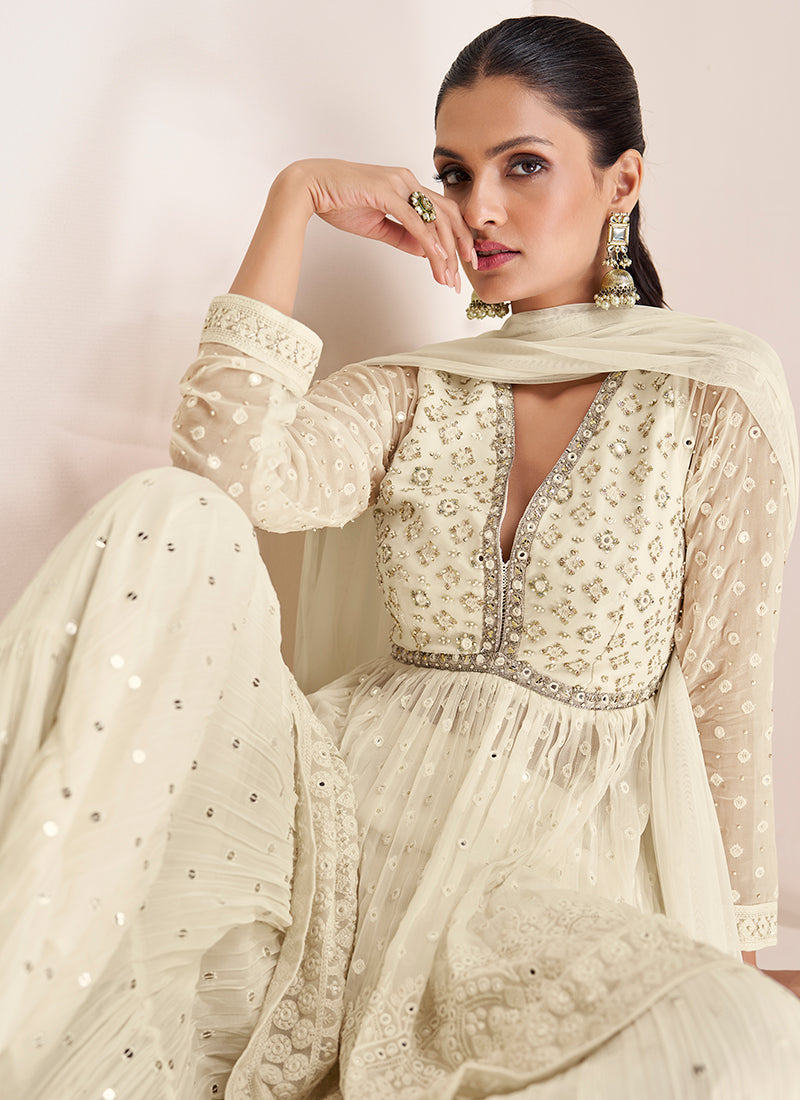 Off White Sequence Embroidery Gharara Style Suit