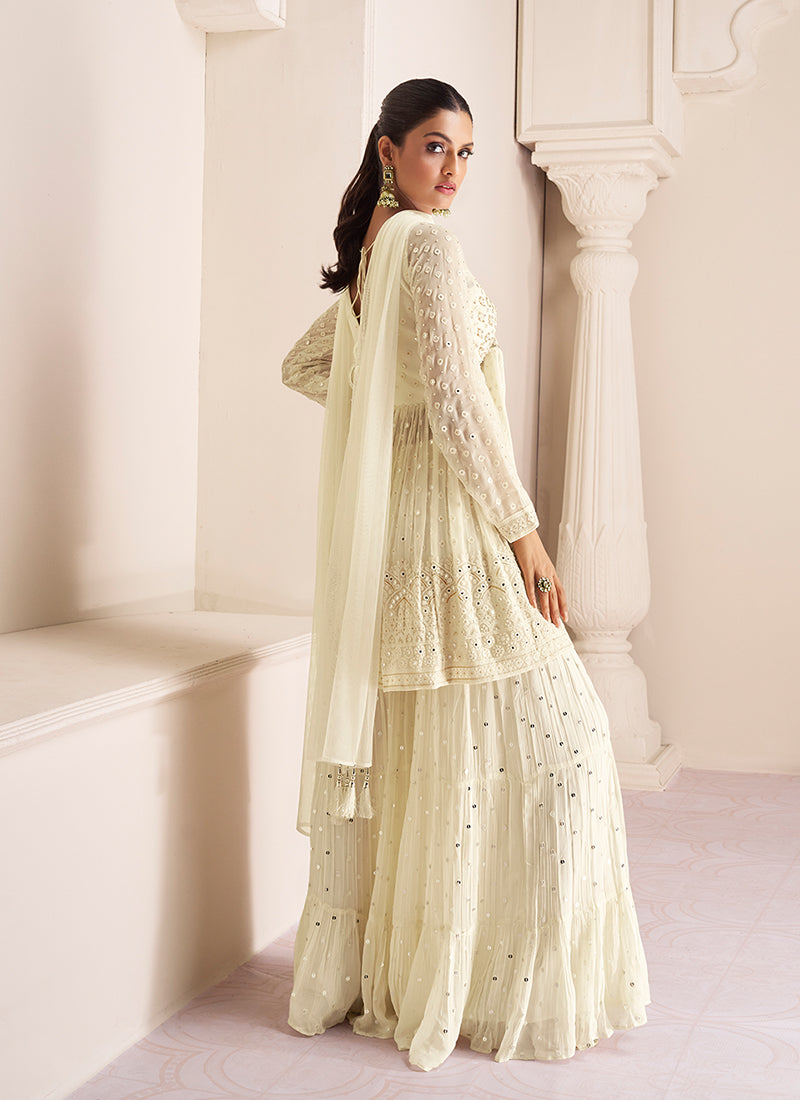 Off White Sequence Embroidery Gharara Style Suit