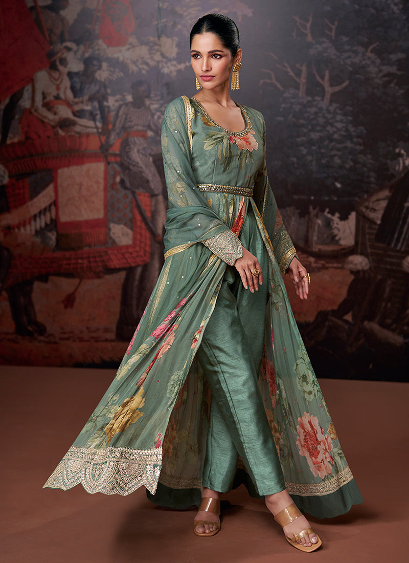 Green Sequence Embroidery Digital Printed Slit Style Anarkali Suit