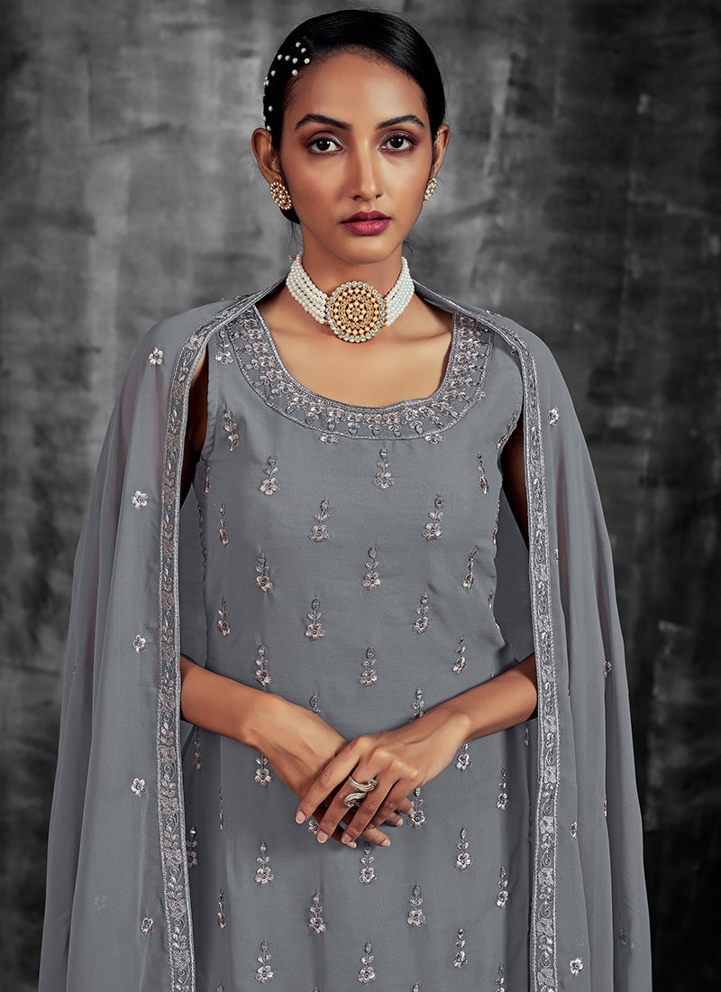 Slate Grey Mirror Work Embroidery Georgette Gharara Suit