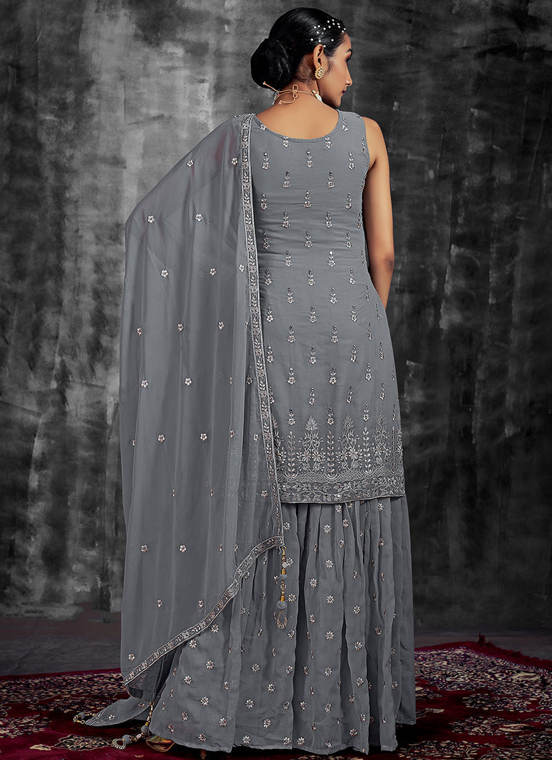 Slate Grey Mirror Work Embroidery Georgette Gharara Suit