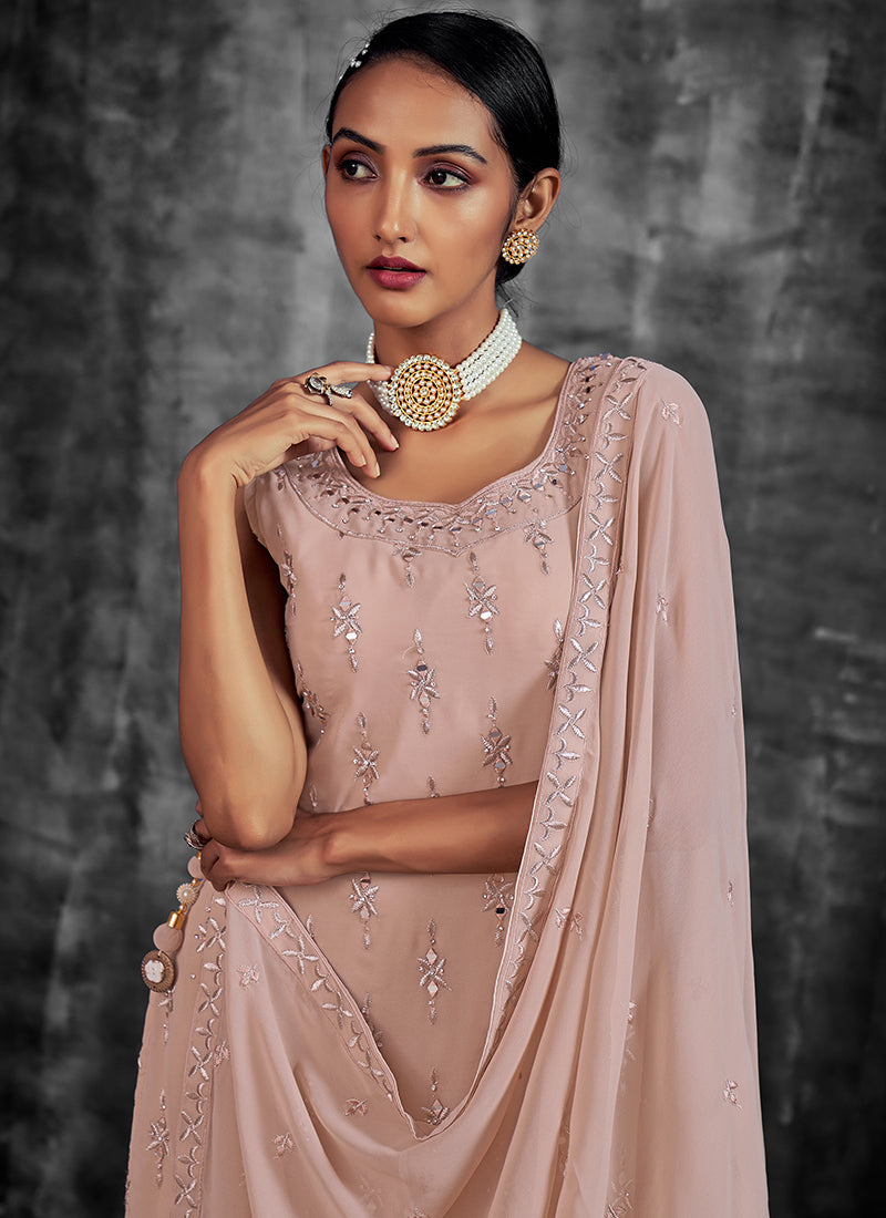 Peach Mirror Work Embroidery Georgette Gharara Suit