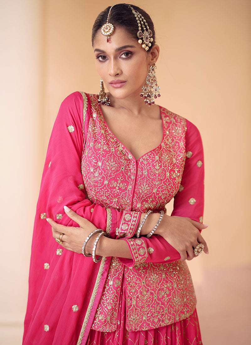 Rani Pink Multi Embroidered Wedding Lehenga Kurti And Dupatta