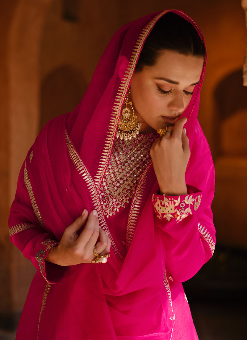 Hot Pink Thread And Sequence Embroidery Salwar Kameez Suit