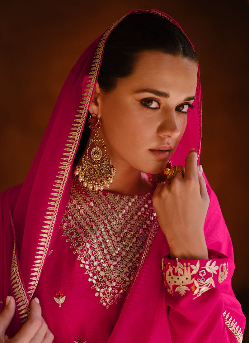 Hot Pink Thread And Sequence Embroidery Salwar Kameez Suit