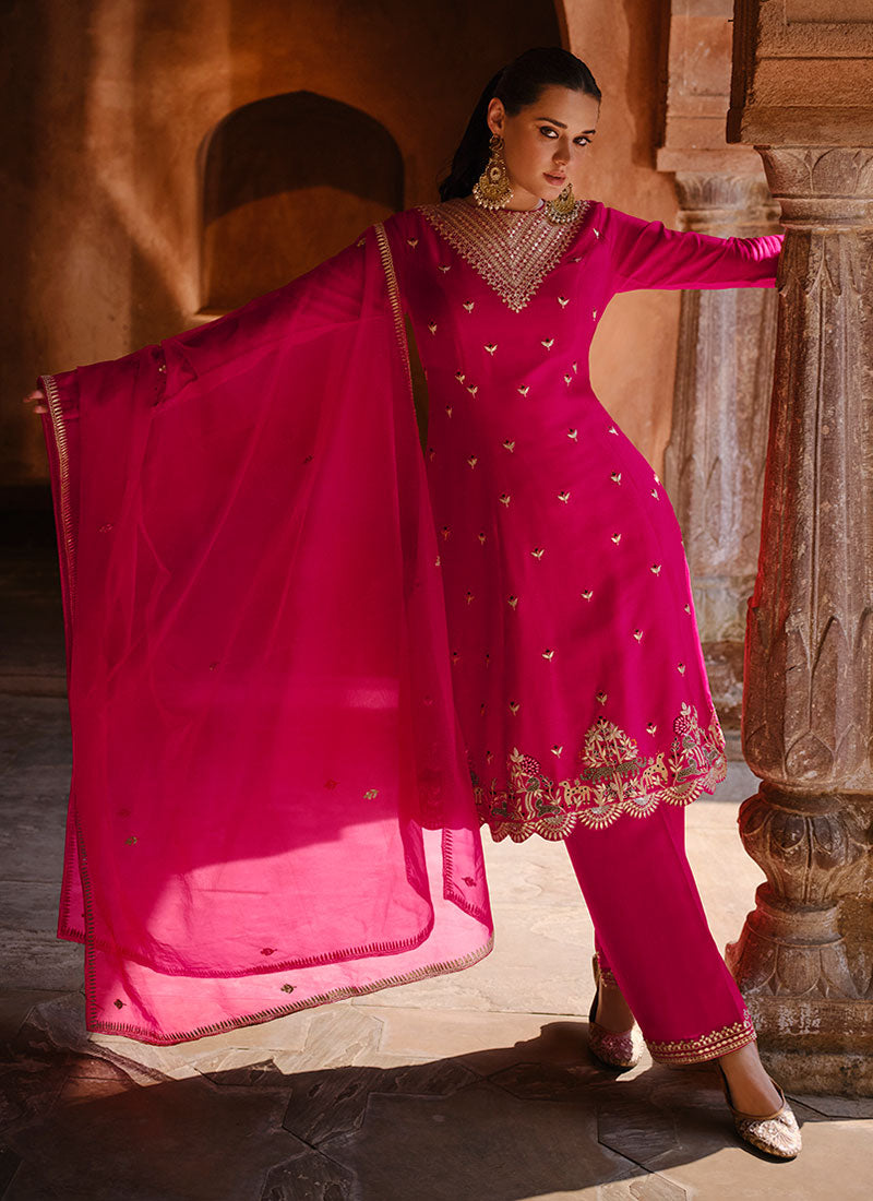 Hot Pink Thread And Sequence Embroidery Salwar Kameez Suit