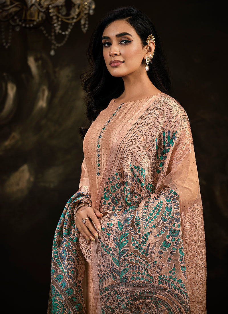 Peach Multi Embroidery Traditional Silk Salwar Suit