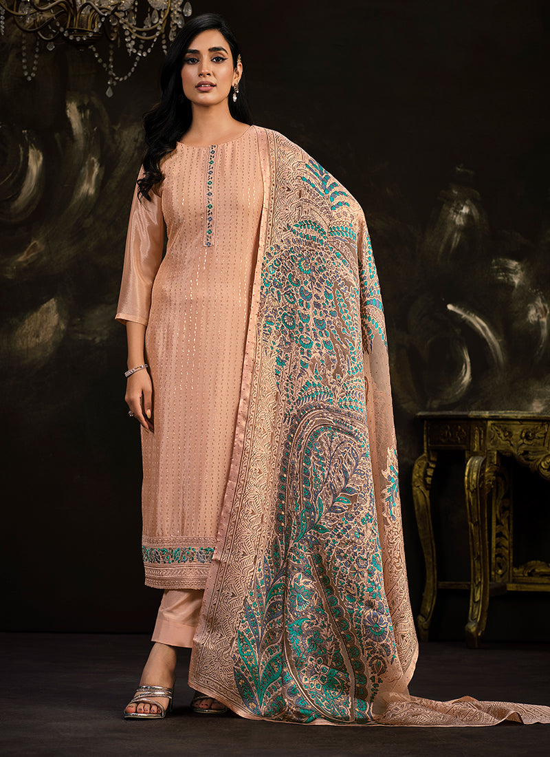 Peach Multi Embroidery Traditional Silk Salwar Suit