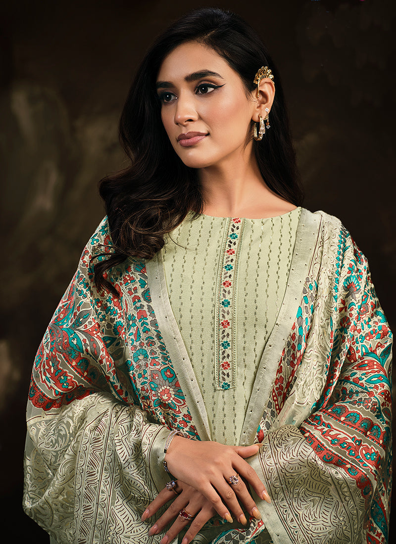 Green Multi Embroidery Traditional Silk Salwar Suit