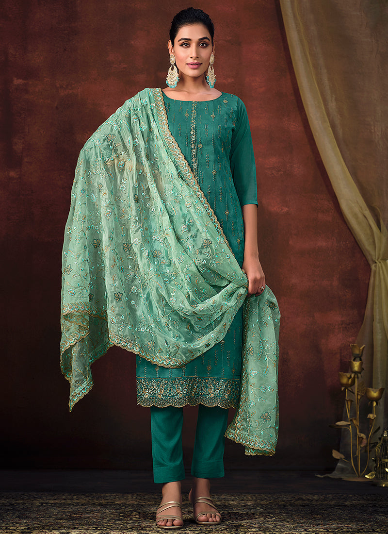 Teal Blue Sequence Embroidery Pant Style Suit