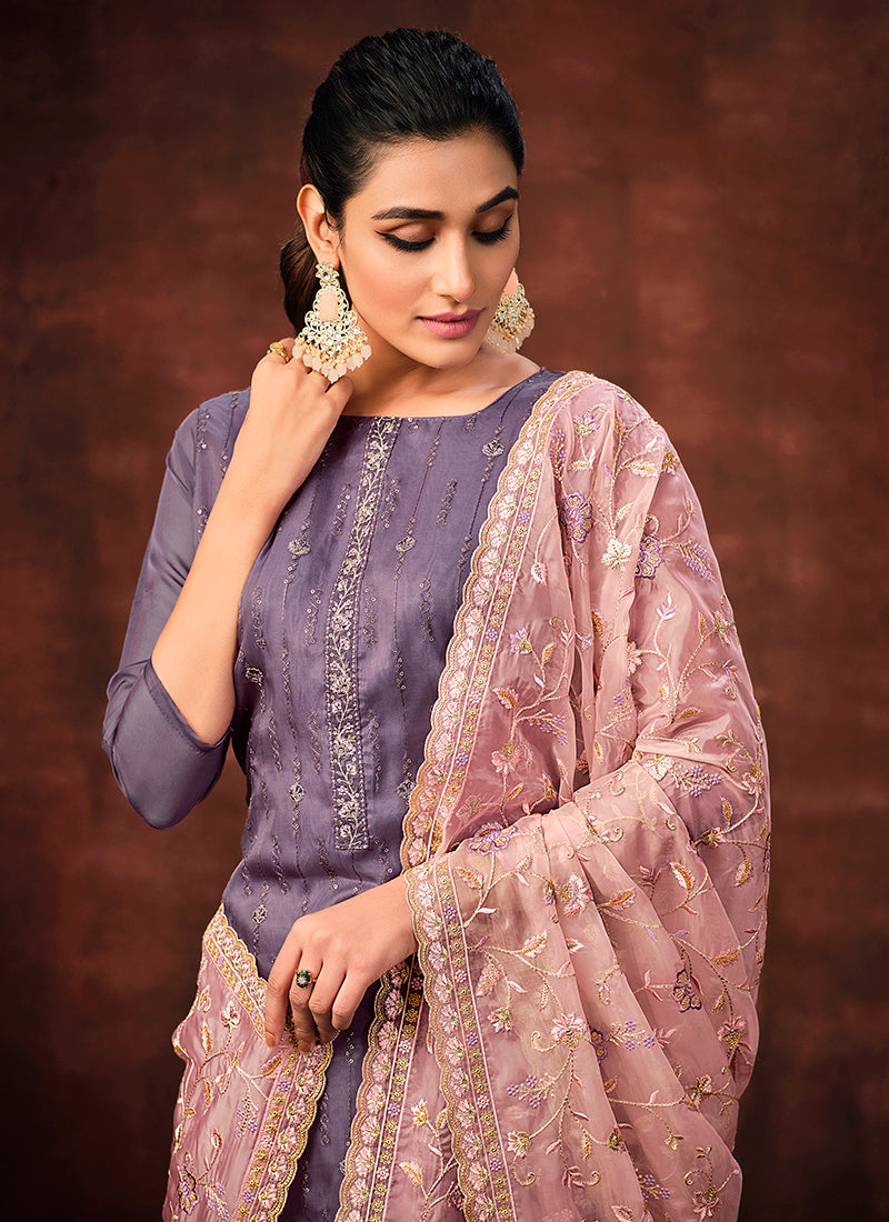 Purple Sequence Embroidery Pant Style Suit