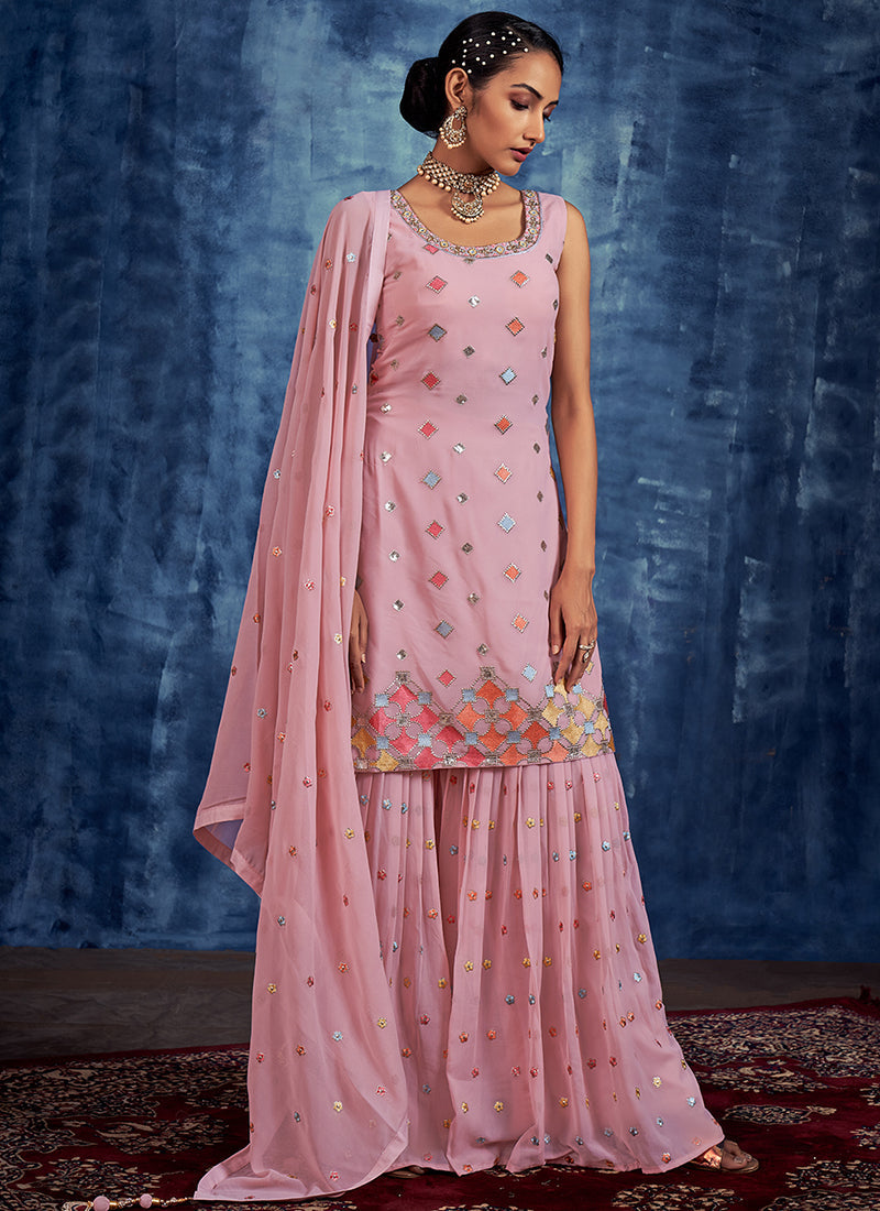 Pink Multi Embroidery Designer Gharara Style Suit