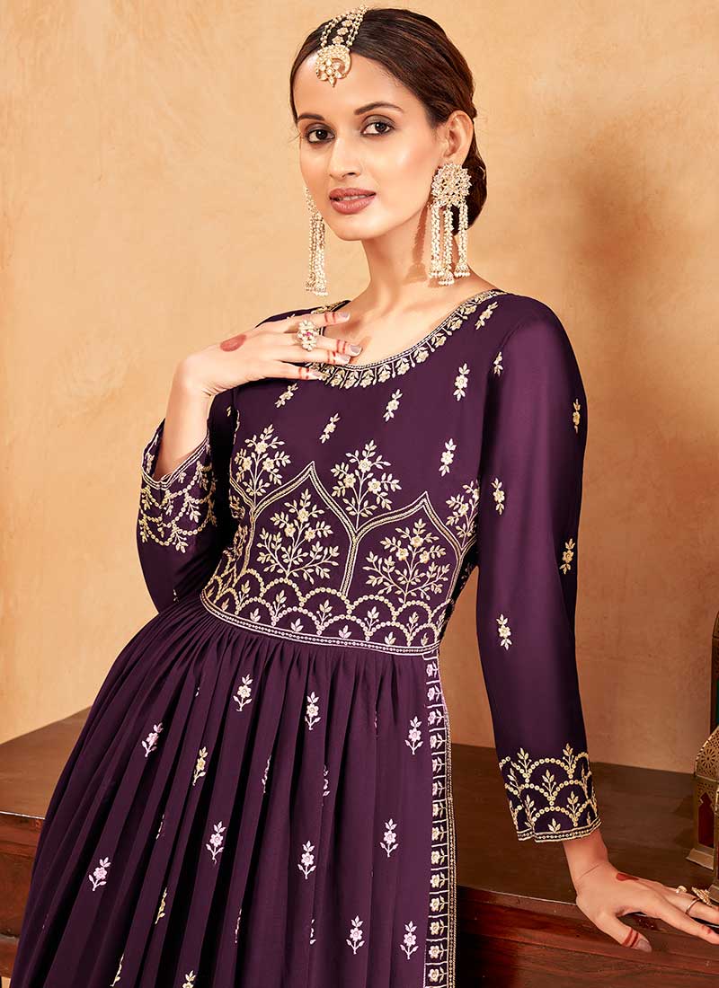 Purple Embroidery Slit Style Festive Palazzo Suit