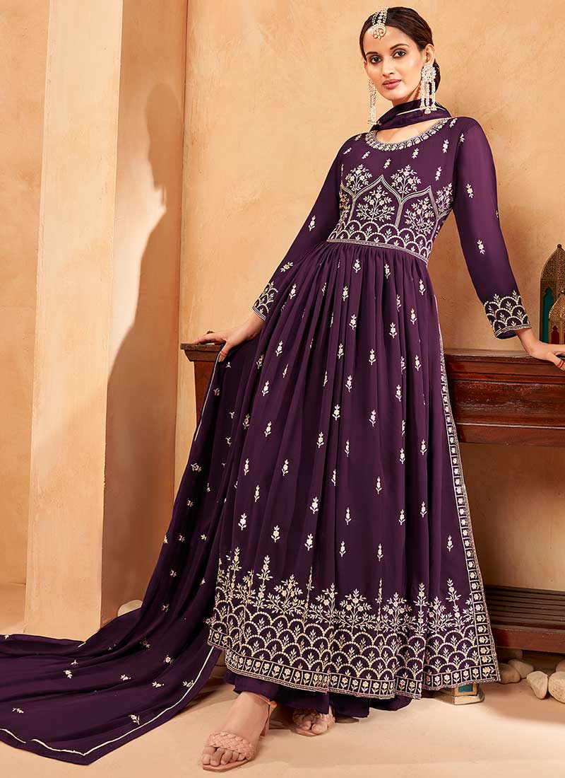 Purple Embroidery Slit Style Festive Palazzo Suit