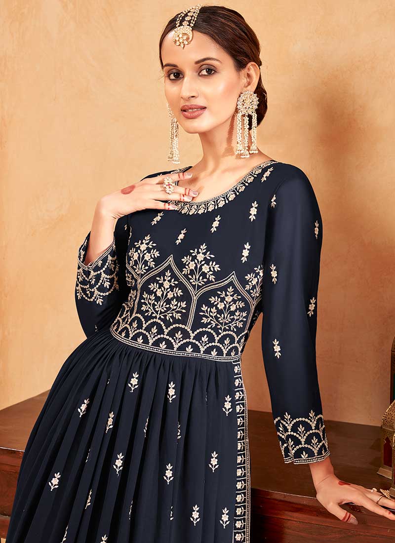 Dark Blue Embroidery Slit Style Festive Palazzo Suit