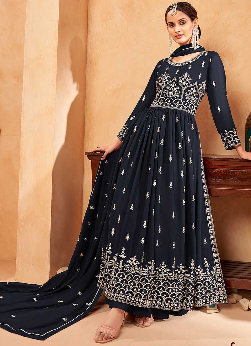 Dark Blue Embroidery Slit Style Festive Palazzo Suit