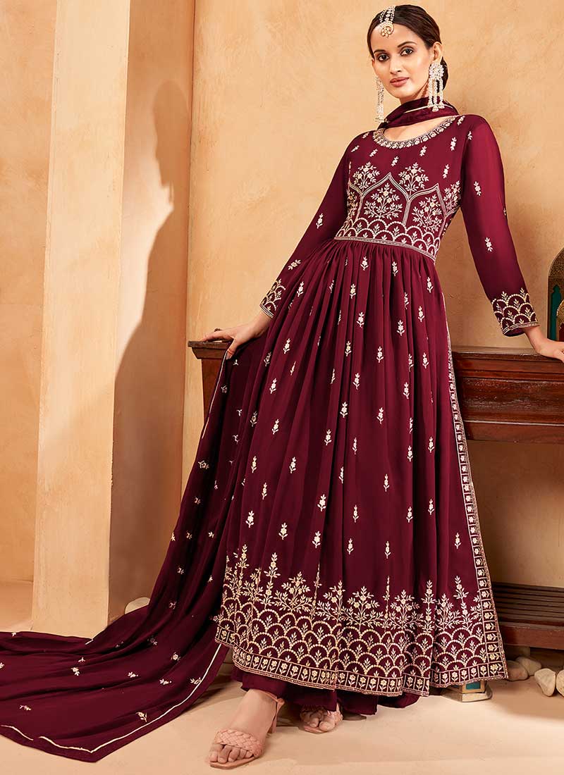 Maroon Embroidery Slit Style Festive Palazzo Suit