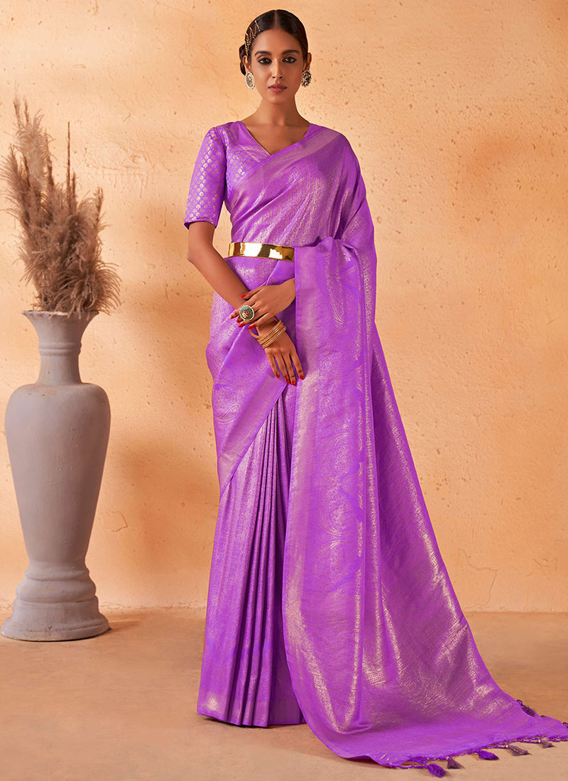 Bright Purple Brocade Detailed Kanjivaram Silk Saree