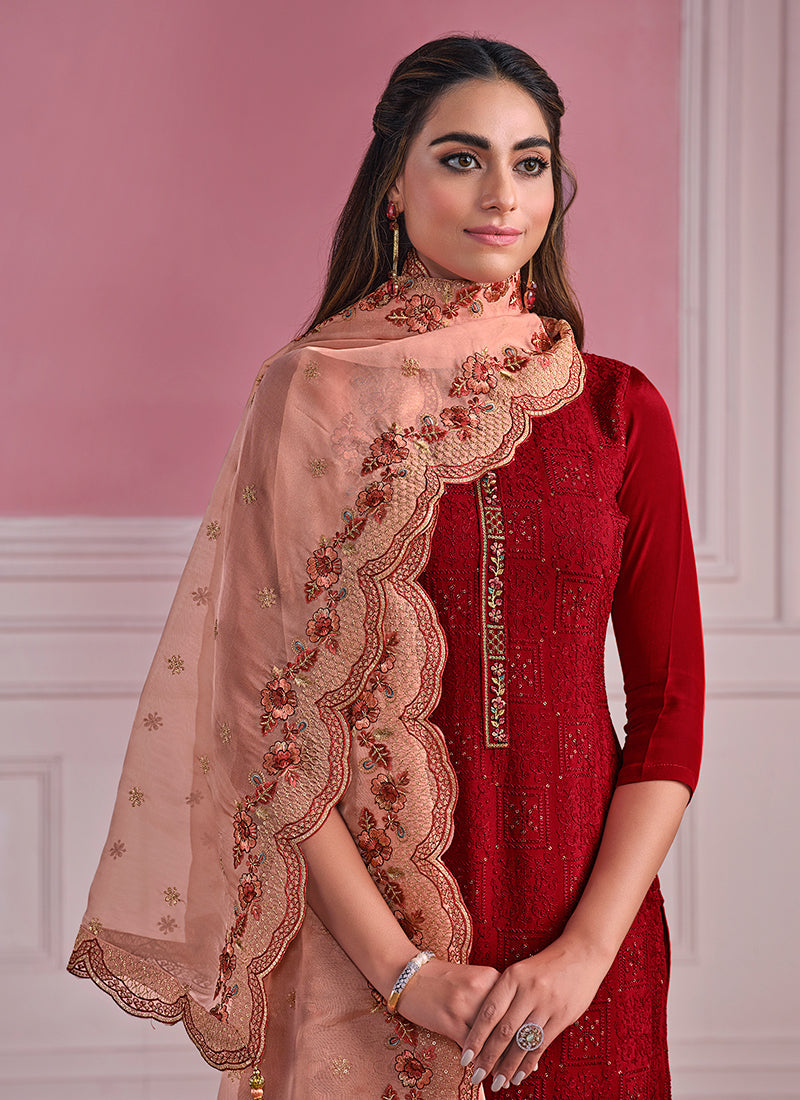 Red And Peach Chikankari Embroidery Pant Suit