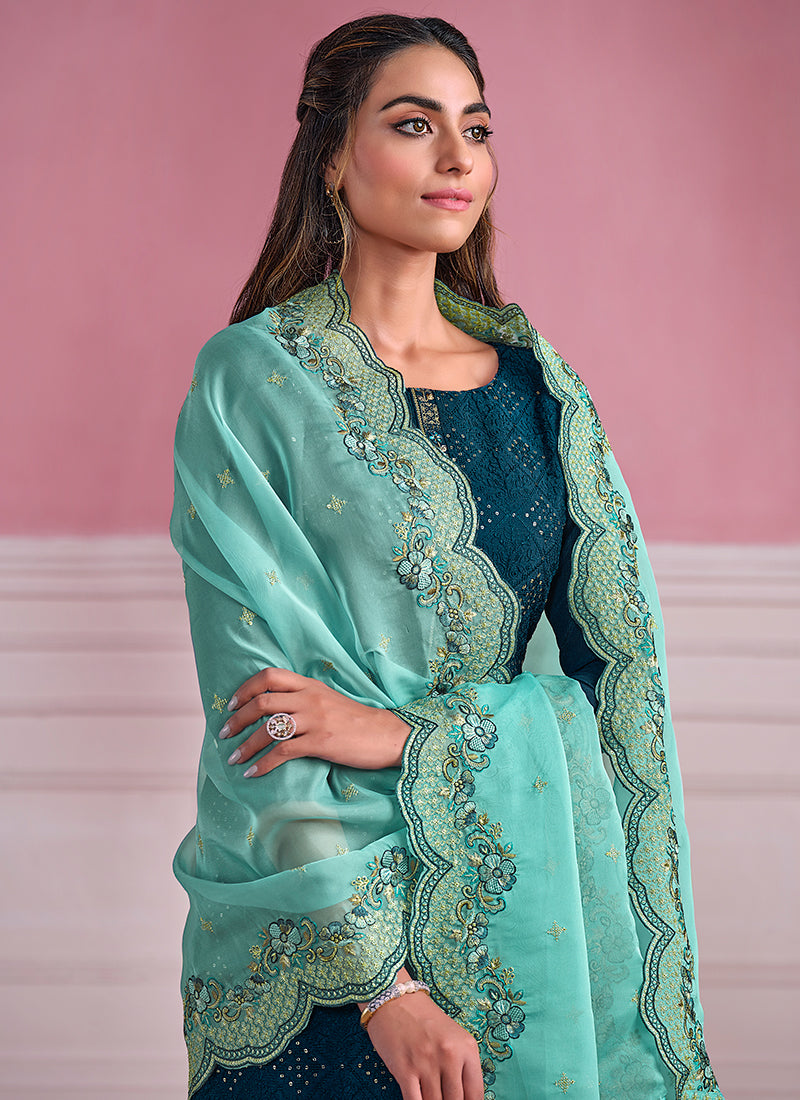 Turquoise Two Tone Chikankari Embroidery Pant Suit