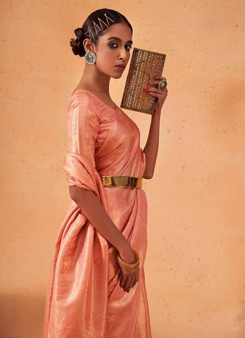 Pastel Orange Brocade Detailed Kanjivaram Silk Saree