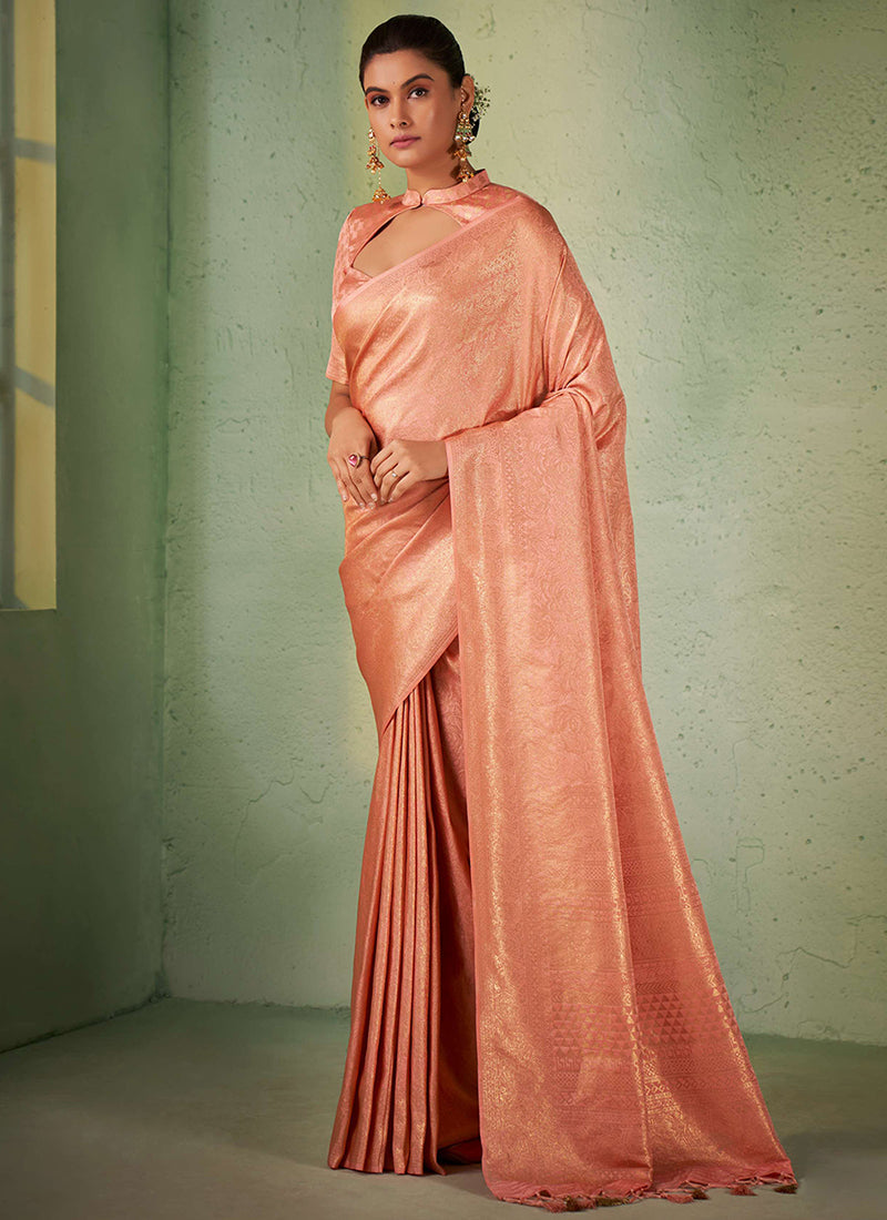 Deep Peach Brocade Detailed Kanjivaram Silk Saree