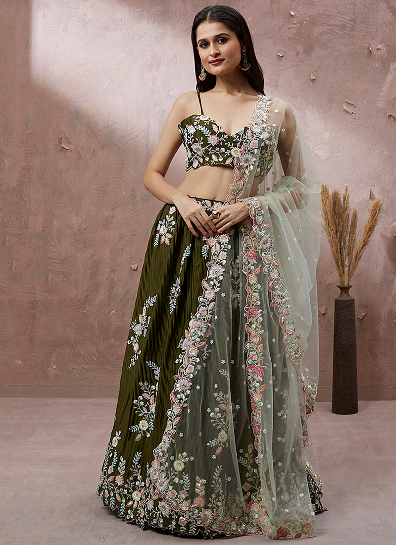 Olive Green Multi Embroidery Wedding Lehenga Choli