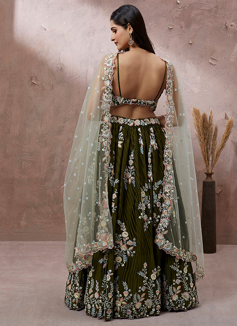 Olive Green Multi Embroidery Wedding Lehenga Choli