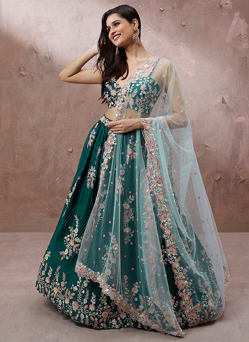 Teal Blue Multi Embroidery Wedding Lehenga Choli